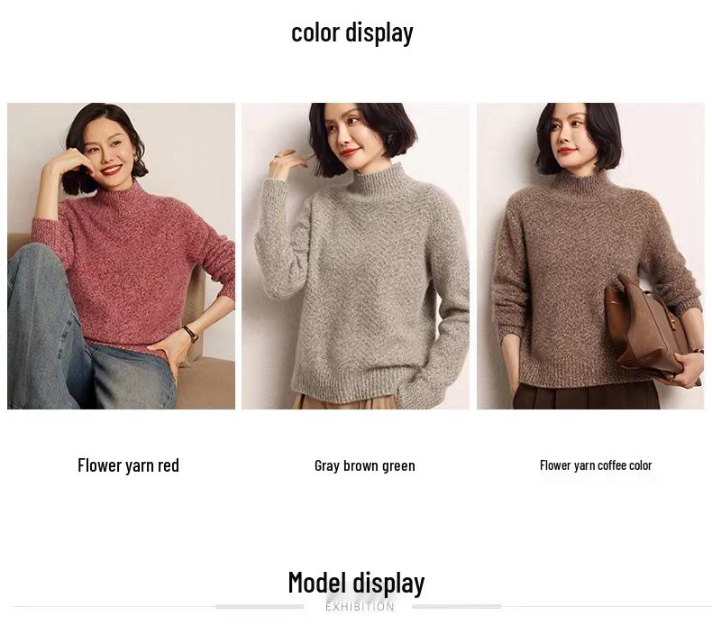 Autumn/Winter Thickened Half-High Collar Fancy Yarn Cashmere Pullover - Short Style Korean Loose Knit Sweater for Women