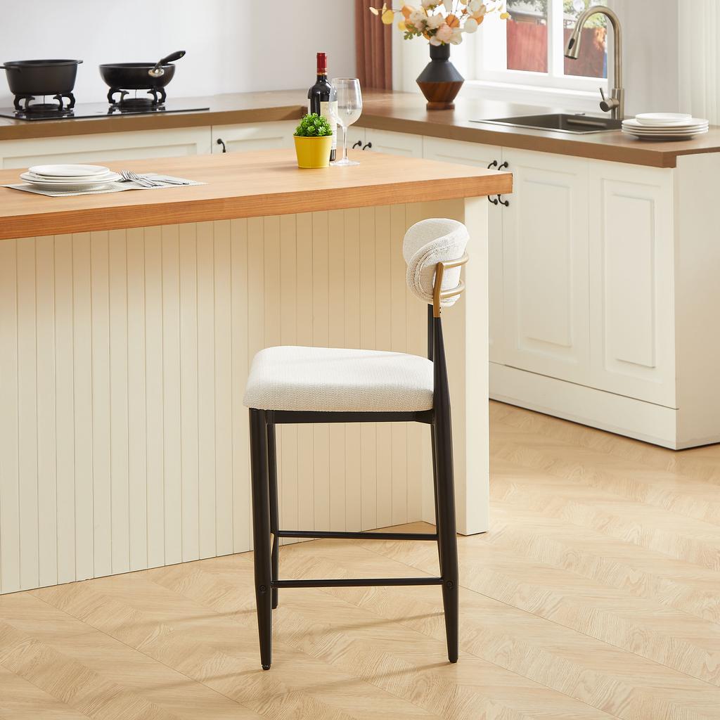 2-Pack Counter Height Bar Stools, Upholstered French Country Kitchen, Ergonomic Curved Backrest, Black & Coffee Contrast Frame, Cream Fabric Cushion
