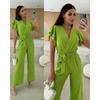 Summer Short Sleeve Loose Elegant Women Jumpsuits Cross V Neck Fashion Office Casual Simple Playsuits Streetwear Lace-up Overalls Woman Clothing