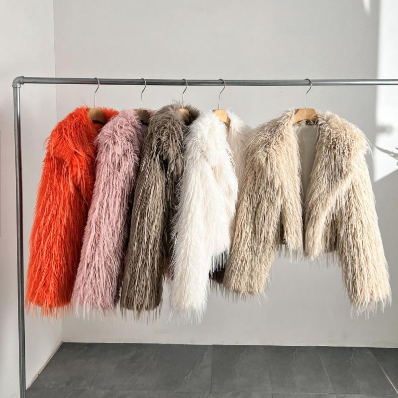 Womens Short Faux Fur Coat With Scarf Collar Warm Winter Outerwear In Orange Pink Beige White