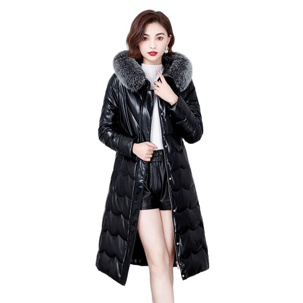 Leather jacket down jacket hooded high-end waist new thickened warm long fur collar jacket winter leather over the knee and thin