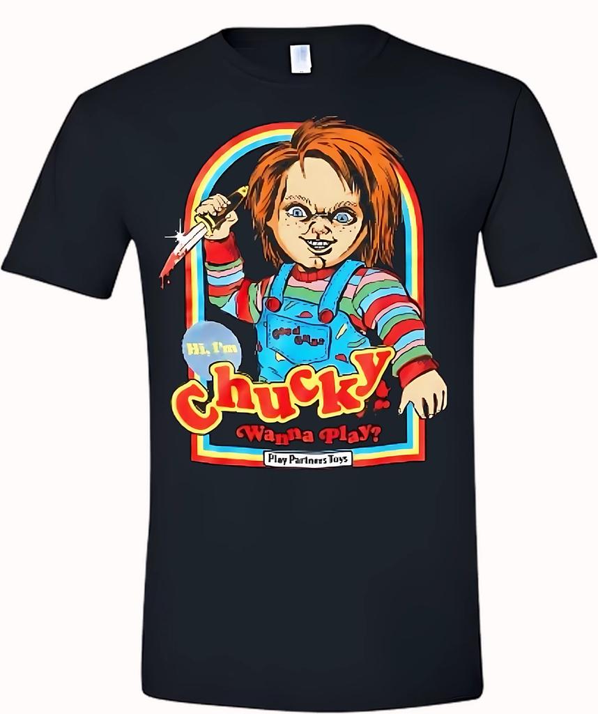 Chucky Doll "Wanna Play?" Black Halloween Short Sleeve T-Shirt