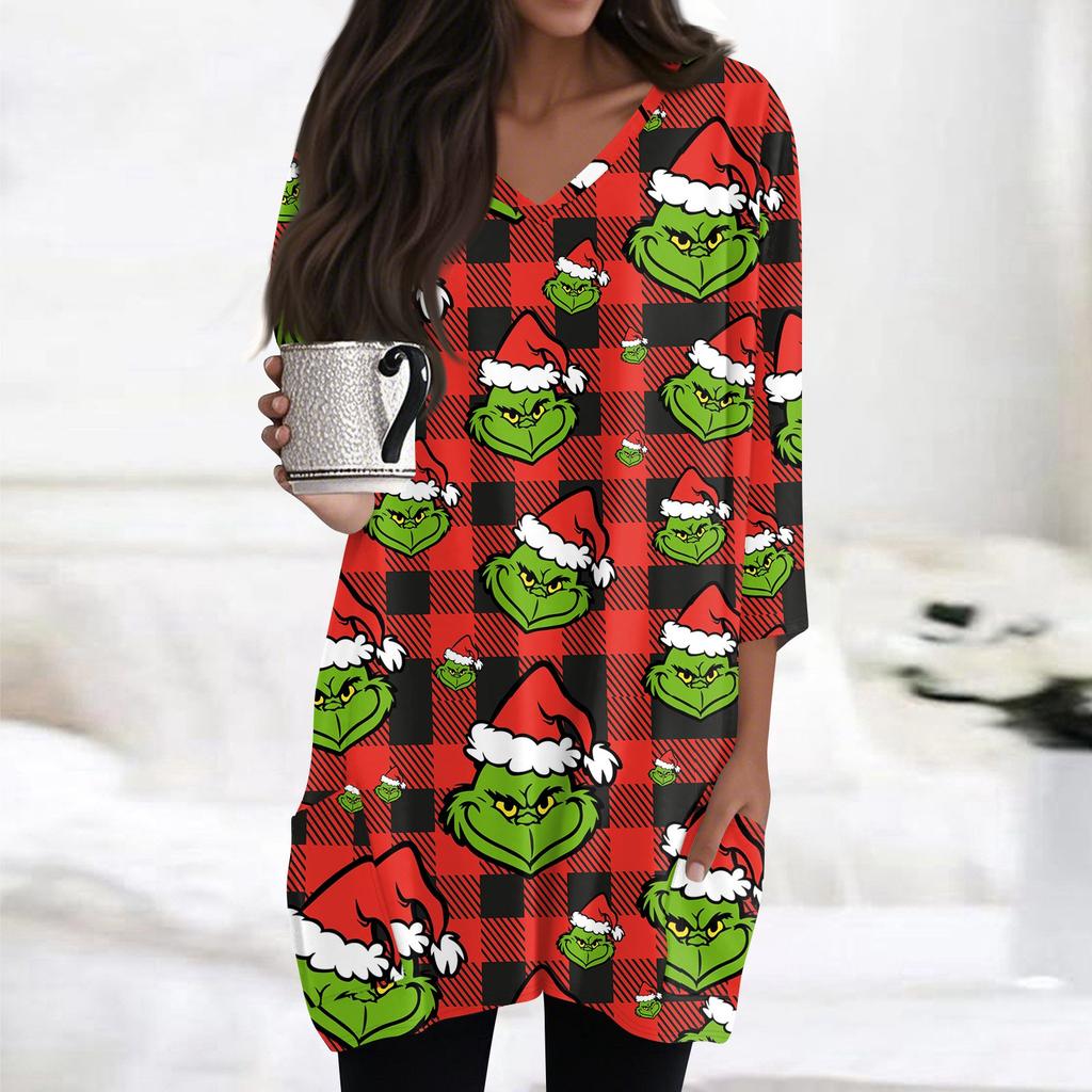 Женские топы с V-образным вырезом и рукавом 3/4, повседневные блузки средней длины, модные туники с рождественским принтом и карманами