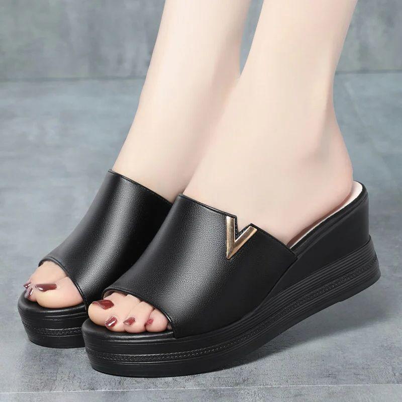 Универсальная мягкая кожаная летняя обувь, модные сандалии для мам, женские сандалии на танкетке, платформе, сандалии-рыбьи губы