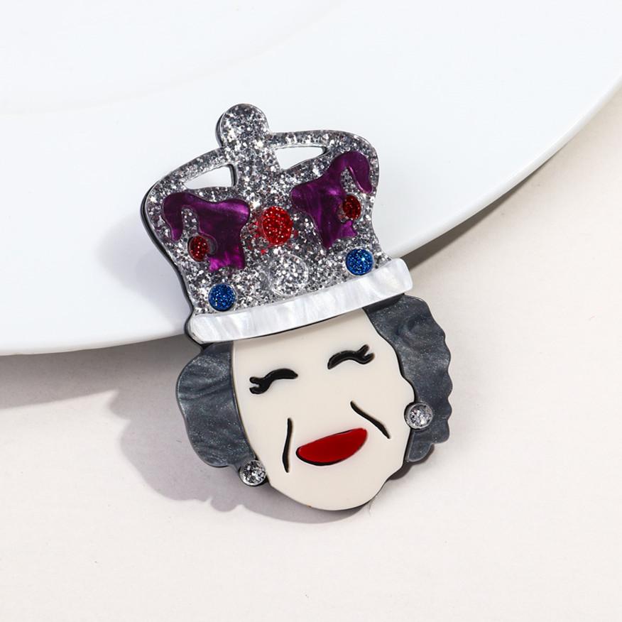 New Elegant Queen Elizabeth II Acrylic Brooches for Women's Clothing Glitter Crown Granny Figure Badges Pins Brooch Cute Jewelry