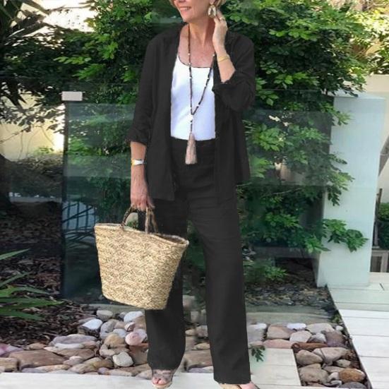 2Pcs/Set Women Casual Outfit Lapel Long Sleeve Buttons Closure Shirt High Waist Straight Wide Leg Long Pants Set Daily Wear