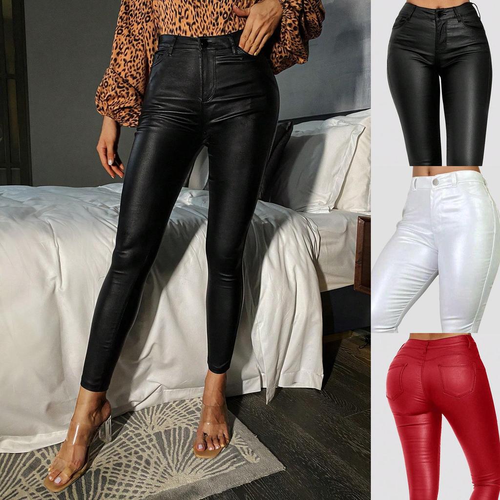Rose Beauty A Women's High Waist PU Leather Leggings Slim Fit Versatile Daily Wear Trousers Leggings Pants