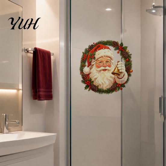 Festive Garland Decorations Christmas Wreath Window Stickers, Retro Santa Claus PVC Decals, Waterproof Decorative Seasonal Storefront Display