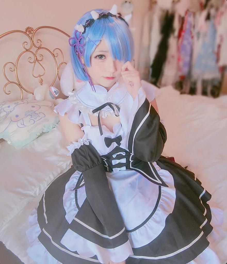 milky time ReZero Rem Maid Costume with Wig, Size L, Color Rem (Maid)