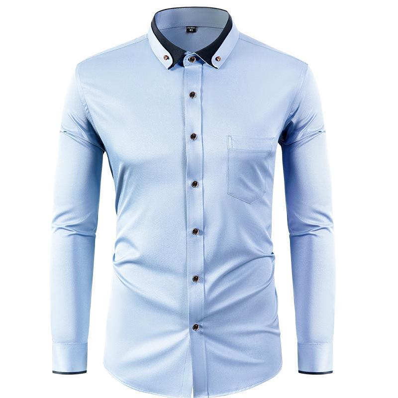 Four Sided Elastic Shirt for Men Color Blocked Diamond Button Lapel Shirt Casual No Iron Formal Wear Shirt