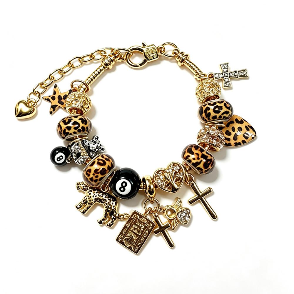 Retro Leopard Print Gold Plated Women's Billiards Black 8 Cross Cool Handsome Elegant Wild Light Luxury High-end Jewelry Gift