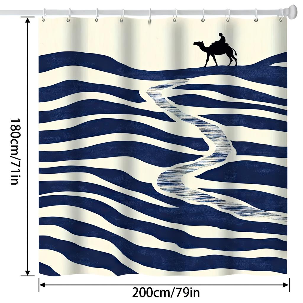 Modern Abstract Wave Shower Curtain - Navy Blue & White Stripes, Polyester Fabric, Machine Washable, Contemporary Bath Decor