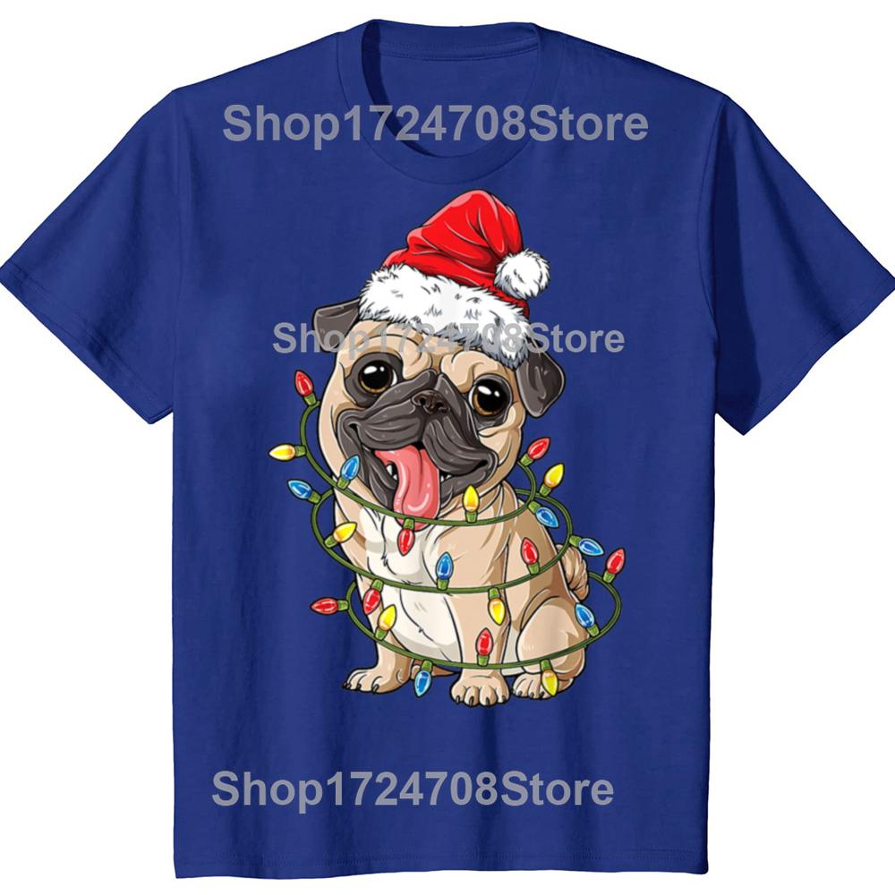 Christmas Pug With Christmas Lights Santa Hat Xmas Pug Dog T Shirt Mens Cotton Oversized Printing T Shirts Harajuku Tshirt