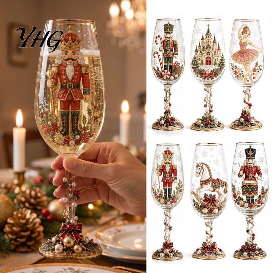 Creative Christmas Table Ornament Nutcracker Champagne Glass, 350ml Hand Painted Holiday Wine High Borosilicate Glassware Decorative Drinkware