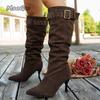 Модные ботфорты на высоком каблуке с ремешком с пряжкой для женщин, модные туфли для вечеринок с острым носком и каблуком-стилетом, женские ботфорты до колена с плиссированным дизайном