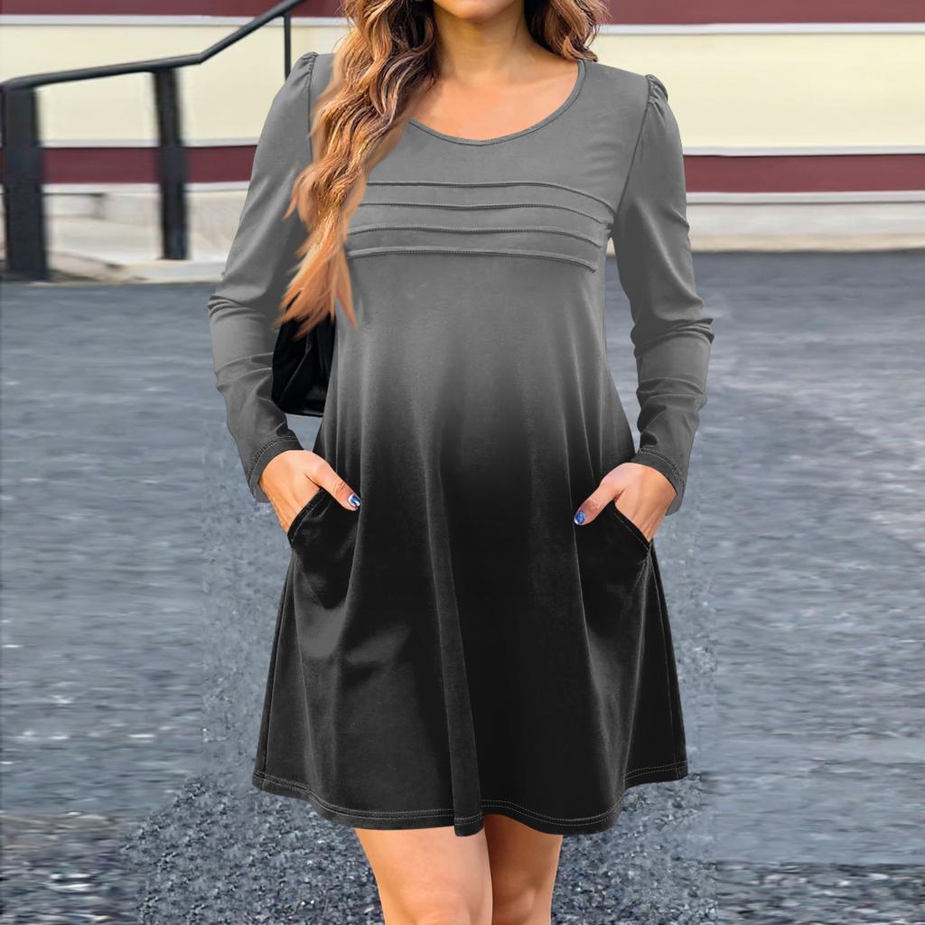 Женское платье с длинным рукавом, осеннее повседневное, футболка, свободного кроя, с плиссировкой спереди, платья с карманами