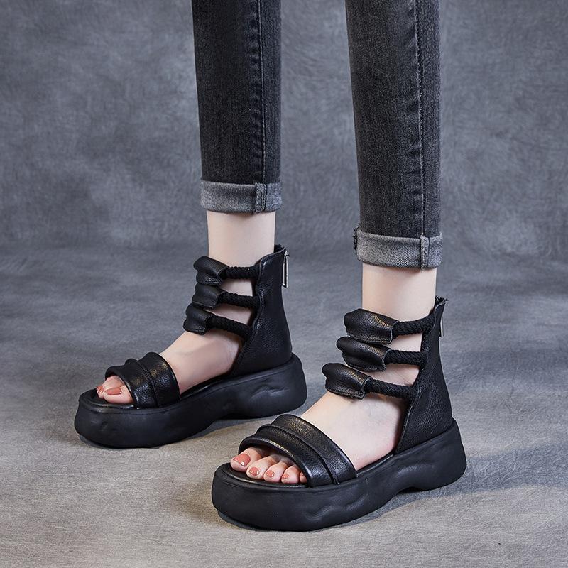 GKTINOO 8 см Натуральная Натуральная Кожа Сандалии Ботинки Балетки Платформа Клин Лето Женские Полые Туфли Пип-Тоу Ботильоны Мэри Джейн Обувь