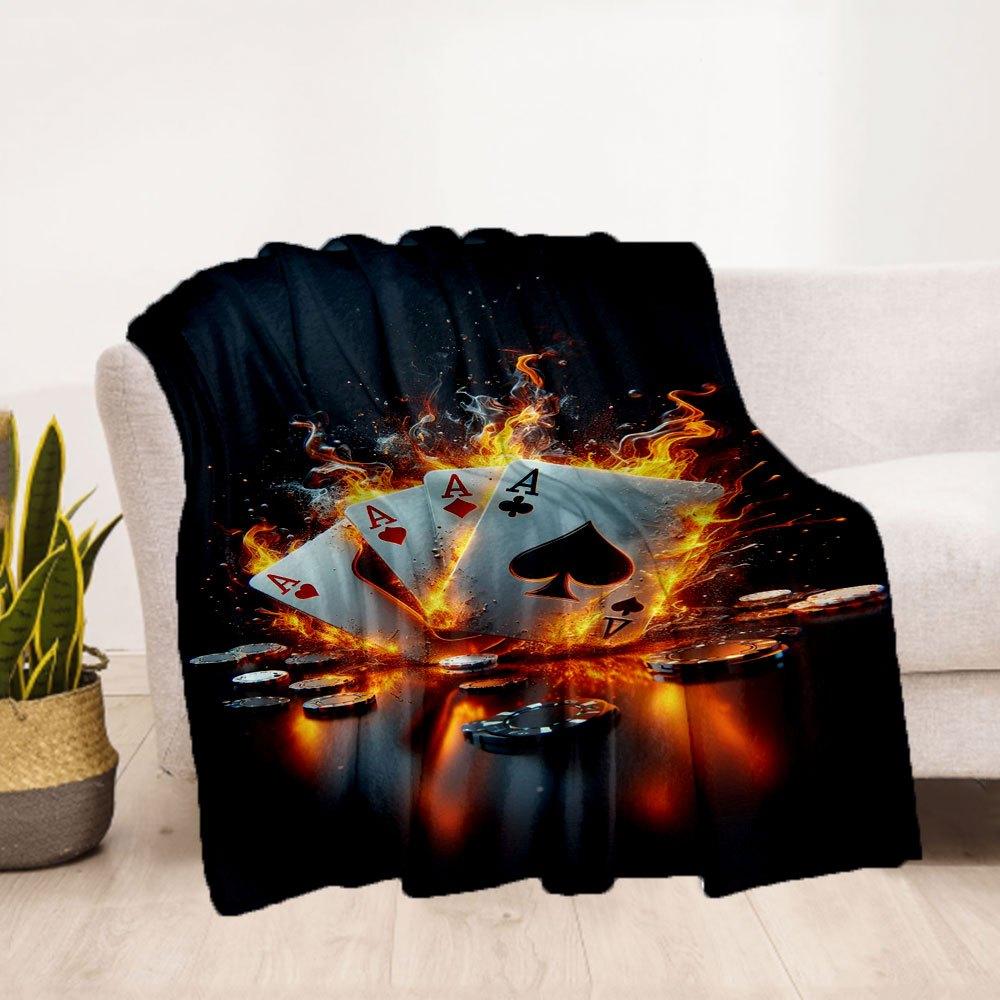 "Flaming Poker Night: Ace Cards & Casino Chips Set"Blanket Flannel Throw Blanket for Sofa, Bed, Travel, Camping, Office