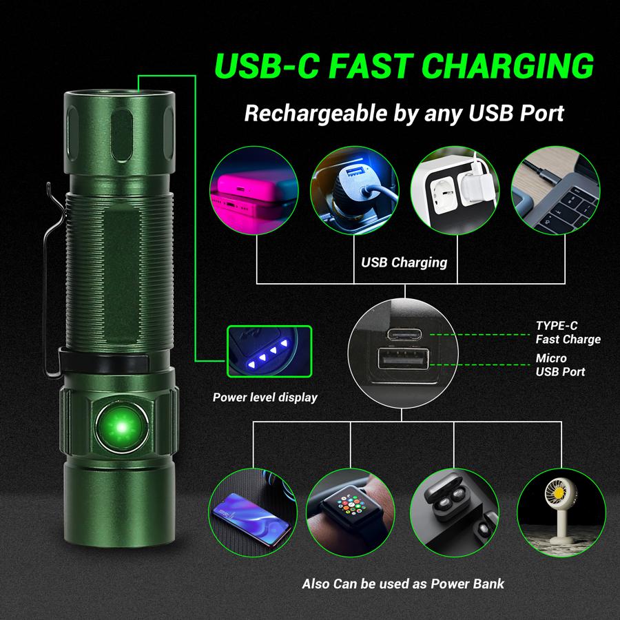 3 LED Super Bright Mini LED Flashlight 2000LM Portable EDC Torch TYPE-C Rechargeable IP68 Camping Lantern with Power Display