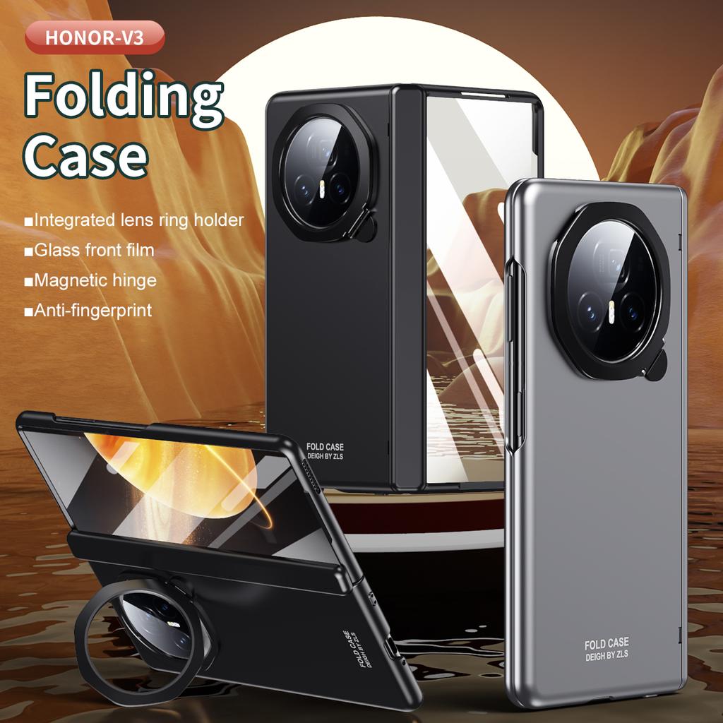 Luxury Business Frosted Plating Hinge Folding Holder Case for Honor Magic V3 Black Gray Ring Bracket and HD Glass Film Front Shockproof Protect Cover