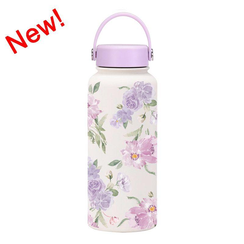 2025 New Model 1L Large Capacity Thermos Cup with Wide Mouth, Portable Handle, Sports Water Bottle, Outdoor Printed Water Cup for Women