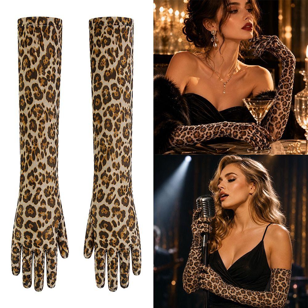 55cm Thin Leopard Mesh Gloves Long Costume Gloves Fashion Disco Mittens Opera Stage
