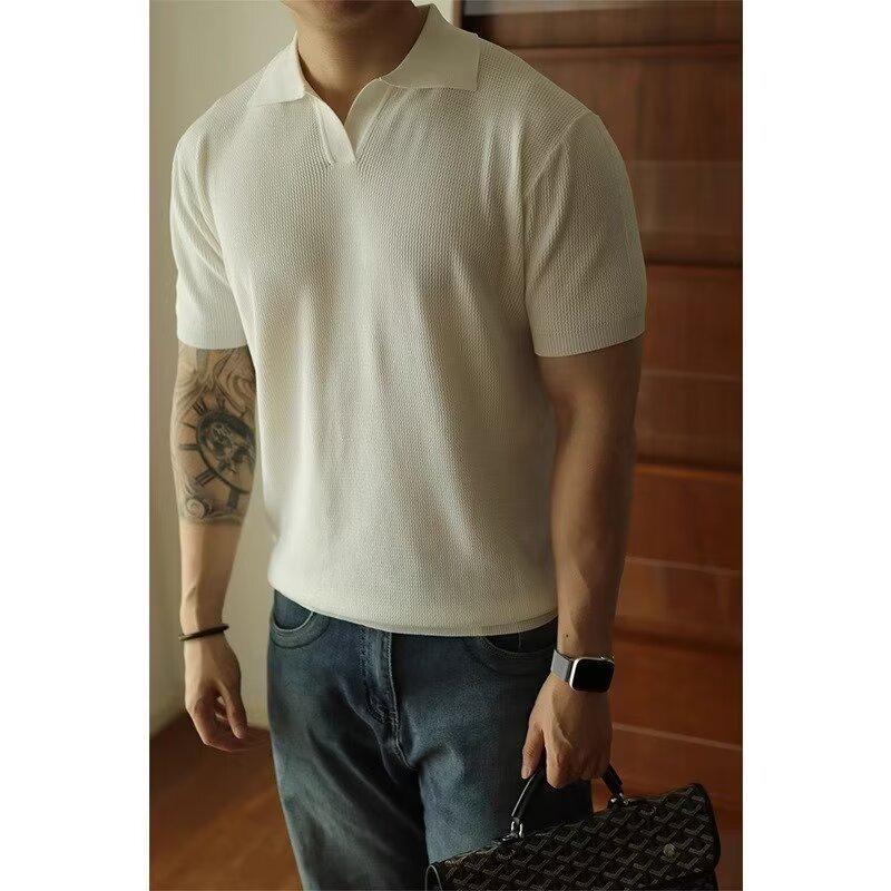 Men's Summer Ice Silk Knitted Slim Fit Polo Shirt - Short Sleeve, Pure Color, Casual Lapel T-shirt