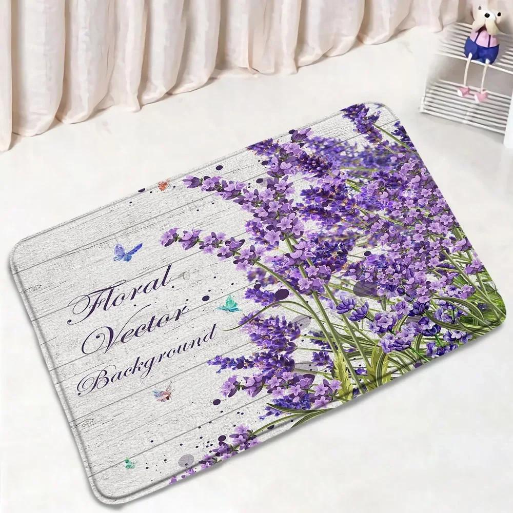Purple Lavender Bath Mat Set Nature Flowers Plants Butterfly Modern Home Carpet Bathroom Decor Non-Slip Rugs Toilet Lid Cover