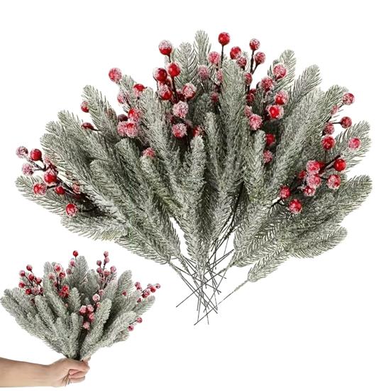 18 шт. Искусственная заснеженная ветка норфолкской сосны, веточки с красными ягодами, искусственный стебель кедра, рождественские ветки с ягодами падуба, DIY наполнитель для вазы, украшение для праздничной вечеринки