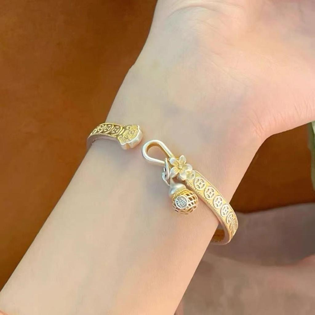 Sterling Silver Gourd Bracelet with Gold Inlay – Openable Fu Lu Design for Women, Light Luxury Gift.