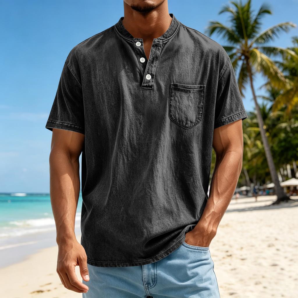 Мужская повседневная футболка-henley с коротким рукавом, легкая, дышащая, с пуговицами, карманом, топ
