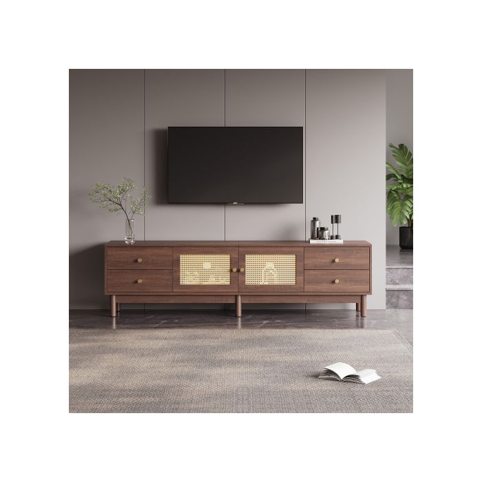 Meuble de télévision - MUVOE - 180 cm - Bois foncé - 2 portes en rotin - 4 tiroirs spacieux