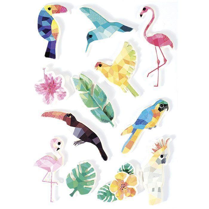 12 3D Stickers - Tropical Birds 6 Cm