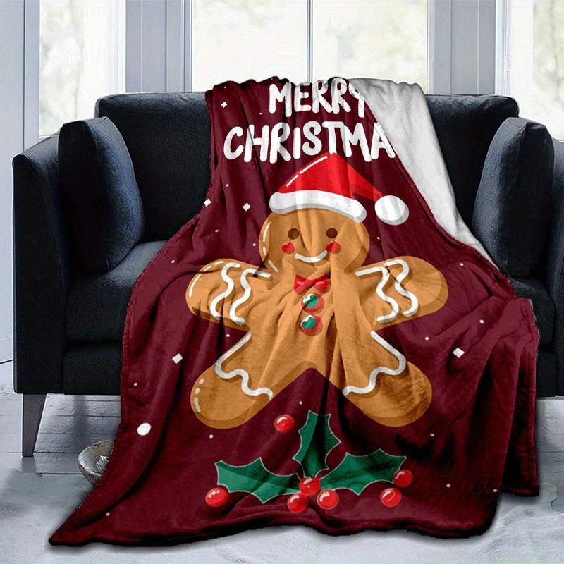 1pc Christmas Gingerbread Man Printing Lightweight Flannel Blanket, Comfortable and Warm Blanket, for Camping Sofa Bed and Couch Office, Gift