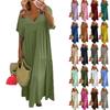 Женское летнее модное однотонное платье с v-образным вырезом большого размера, свободное длинное большое свободное платье с короткими рукавами