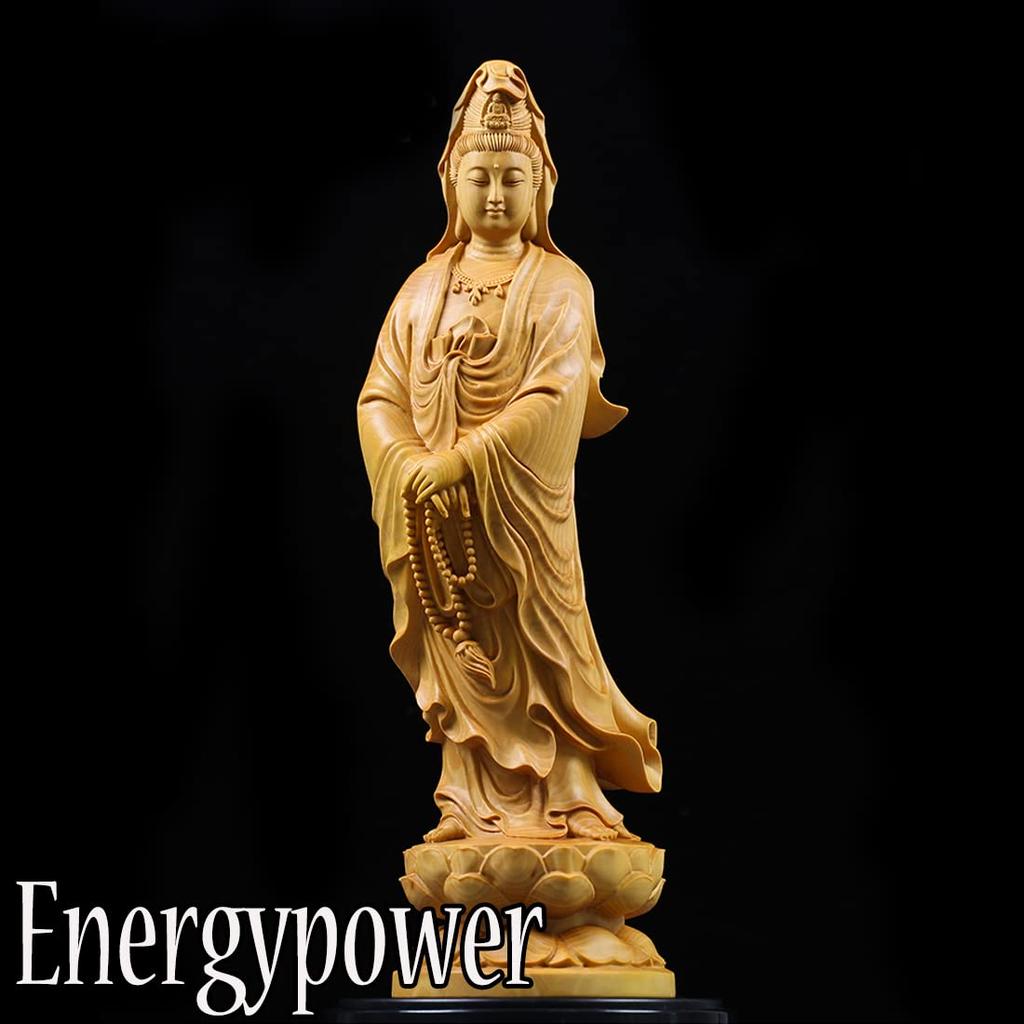 EnergyPower Wood Carving Kannon Bodhisattva Statue, Finely Crafted, High-Grade, Made from Natural Boxwood, Buddhist Art, Boxwood, Kannon Bodhisattva,