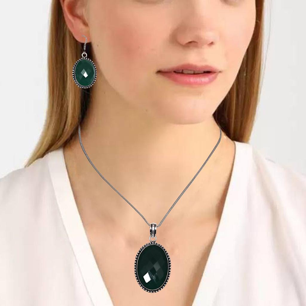 Onyx Green Pendant Set Earrings Jewelry Gemstone Handmade Ethnic