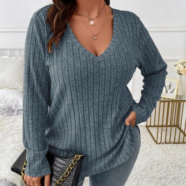 GMXIA Осень-зима, однотонный женский топ больших размеров с v-образным вырезом и длинными рукавами, шерстяная футболка в полоску, свободный чехол