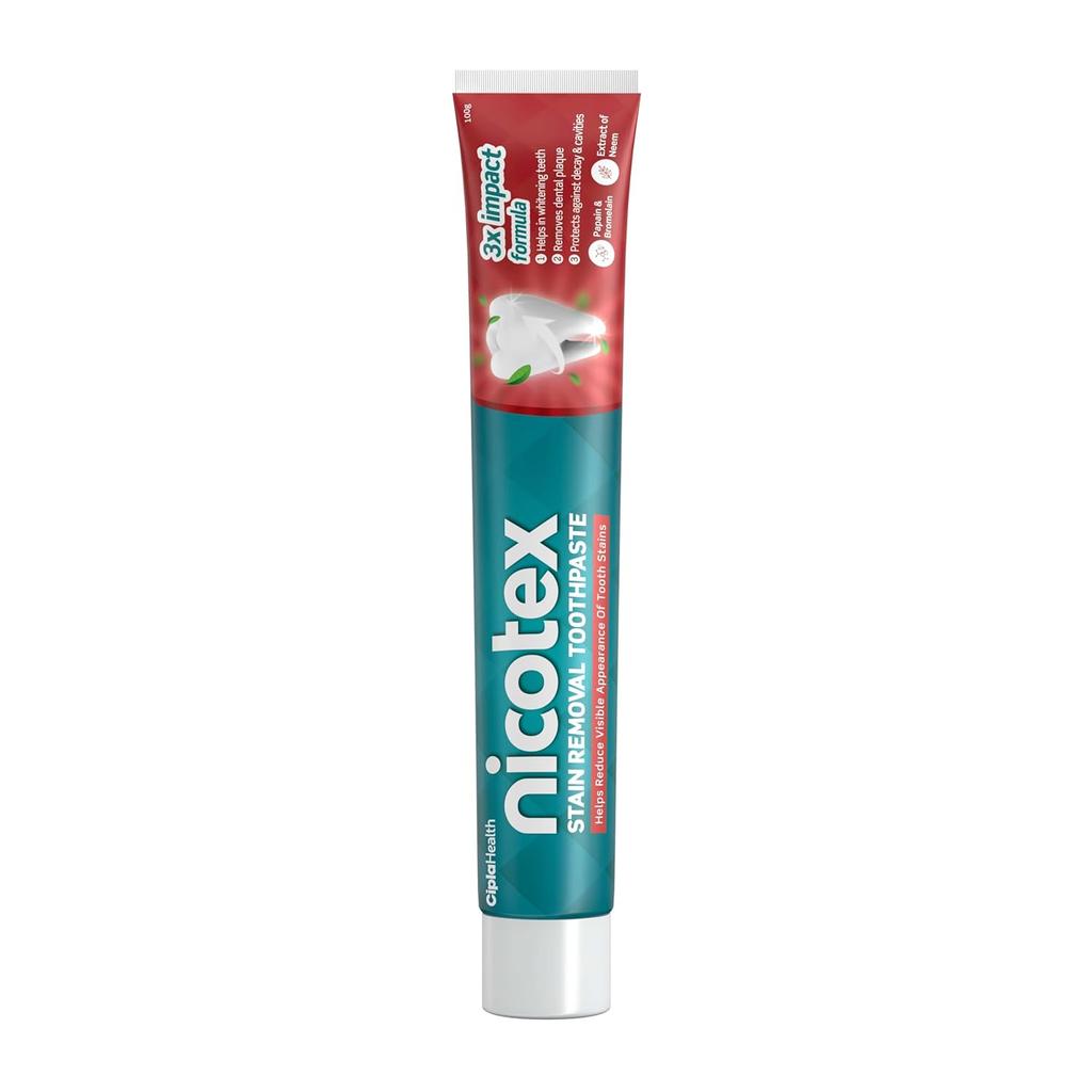 Cipla Зубная паста Nicotex 100 г Упаковка 1 шт. для отбеливания зубов, удаления зубного налета, защиты эмали, свежего дыхания