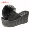 Fashion Aphixta  Hairball 3.54 Inch/9cm Wedge Heels Mule Black Slides Beach Platform Women Slippers Female Sandals Clog Shoes Women