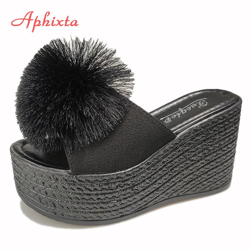 Aphixta Туфли-мюли на танкетке 3,54 дюйма/9 см, черные шлепанцы, пляжная платформа, женские тапочки, женские сандалии, обувь-сабо