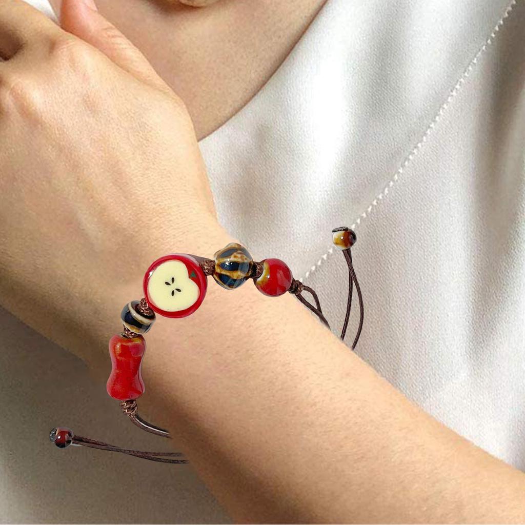 Художественный керамический браслет с подвесками в виде яблока, браслет из плетеного шнура, подарок для молодых законодателей моды и любителей искусства