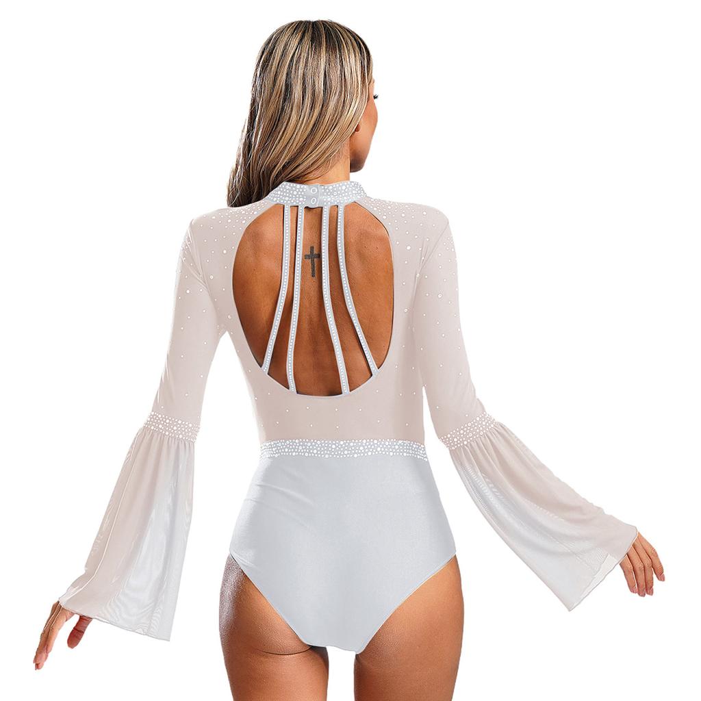 Womens Sheer Mesh Patchwork Leotard Mock Neck Flare Sleeve Backless Sparkly Rhinestone Dancewear