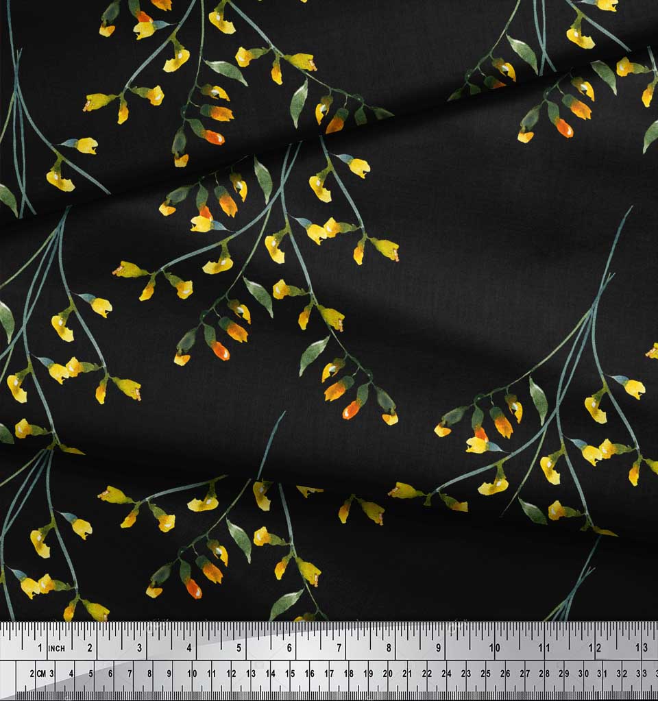 Soimoi Черная японская креп-сатиновая ткань с акварельным принтом и листьями, ткань для рукоделия шириной 42 дюйма по метрам