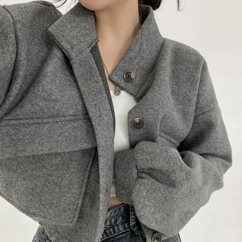 Women's Autumn and Winter Stand-up Collar Niche Short Slouchy Style Loose Casual Tweed Coat