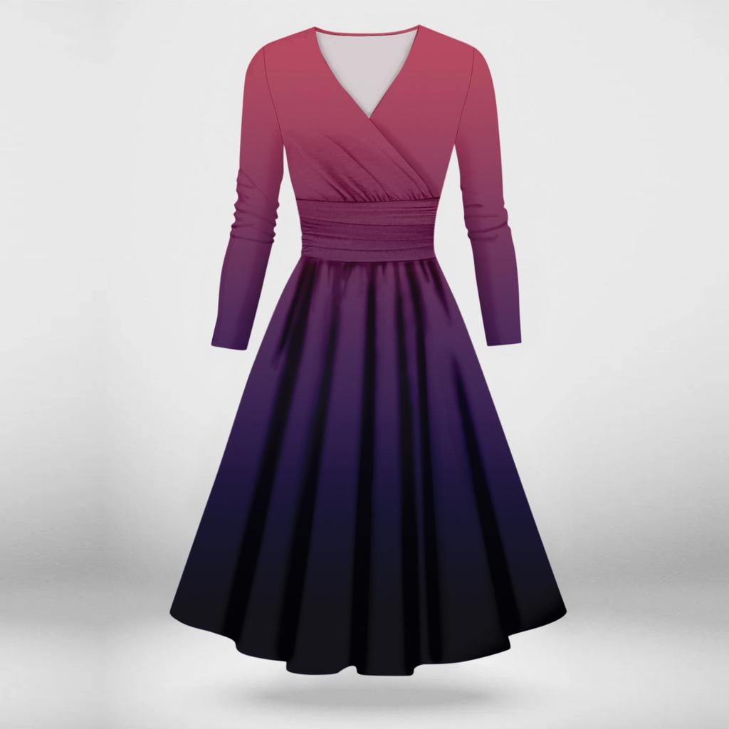 Женское повседневное и модное сексуальное платье с v-образным вырезом и длинными рукавами с градиентным принтом