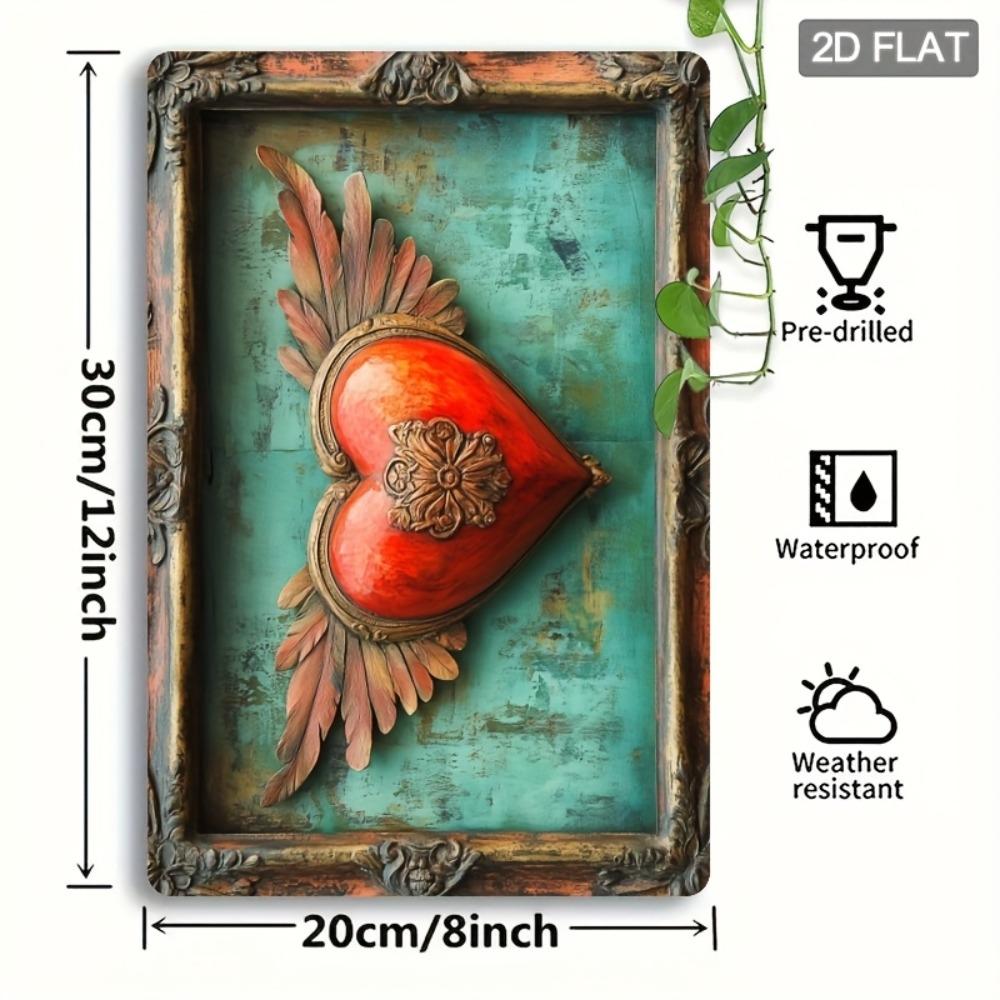 Wings Heart Iron Wall Art Vintage Waterproof Gift for Friend Kitchen Bar Decor Tinplate x Inch