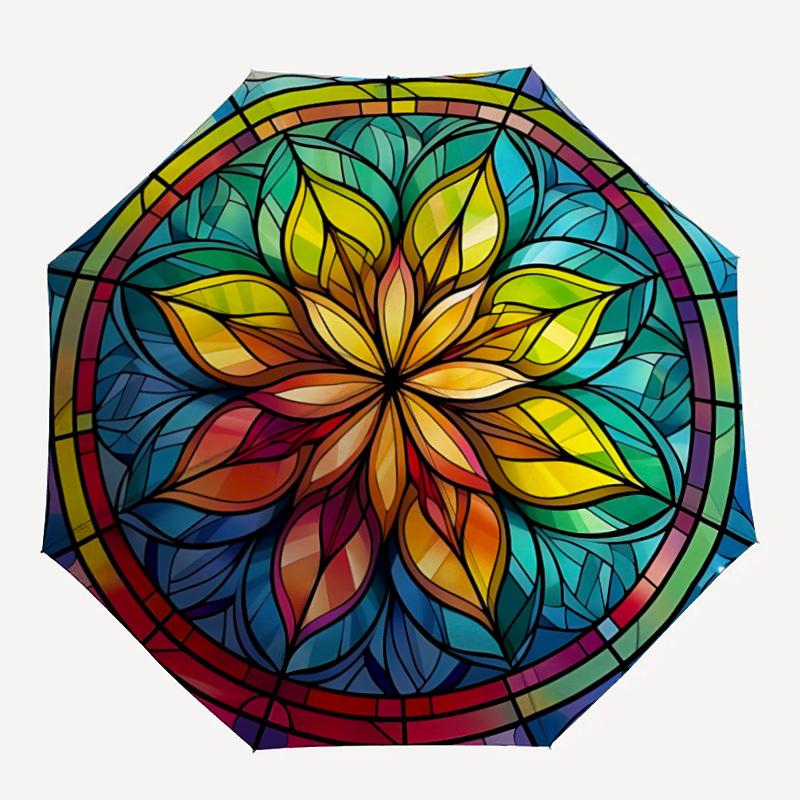 1pc Stained Glass Mandala Automatic Open/Close Umbrella, Portable Folding Umbrella, Compact Travel Umbrella for077