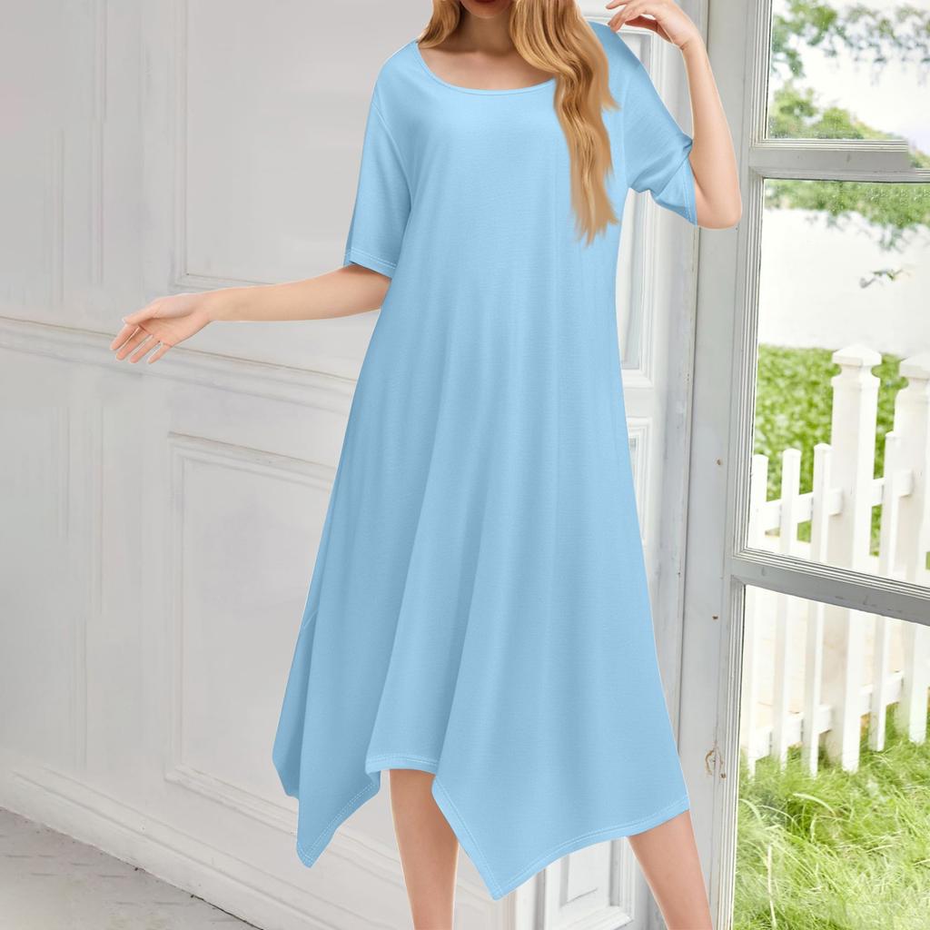 Женское повседневное модное платье миди с круглым вырезом и коротким рукавом, однотонное, с неровным подолом