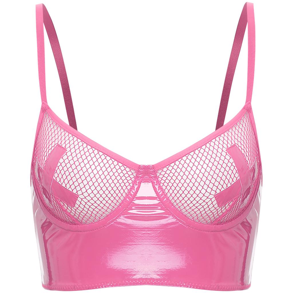 Womens Mesh Underwire Push Up Bra Balconette Bustier Wet Look Crop Top Back Zipper Lingerie